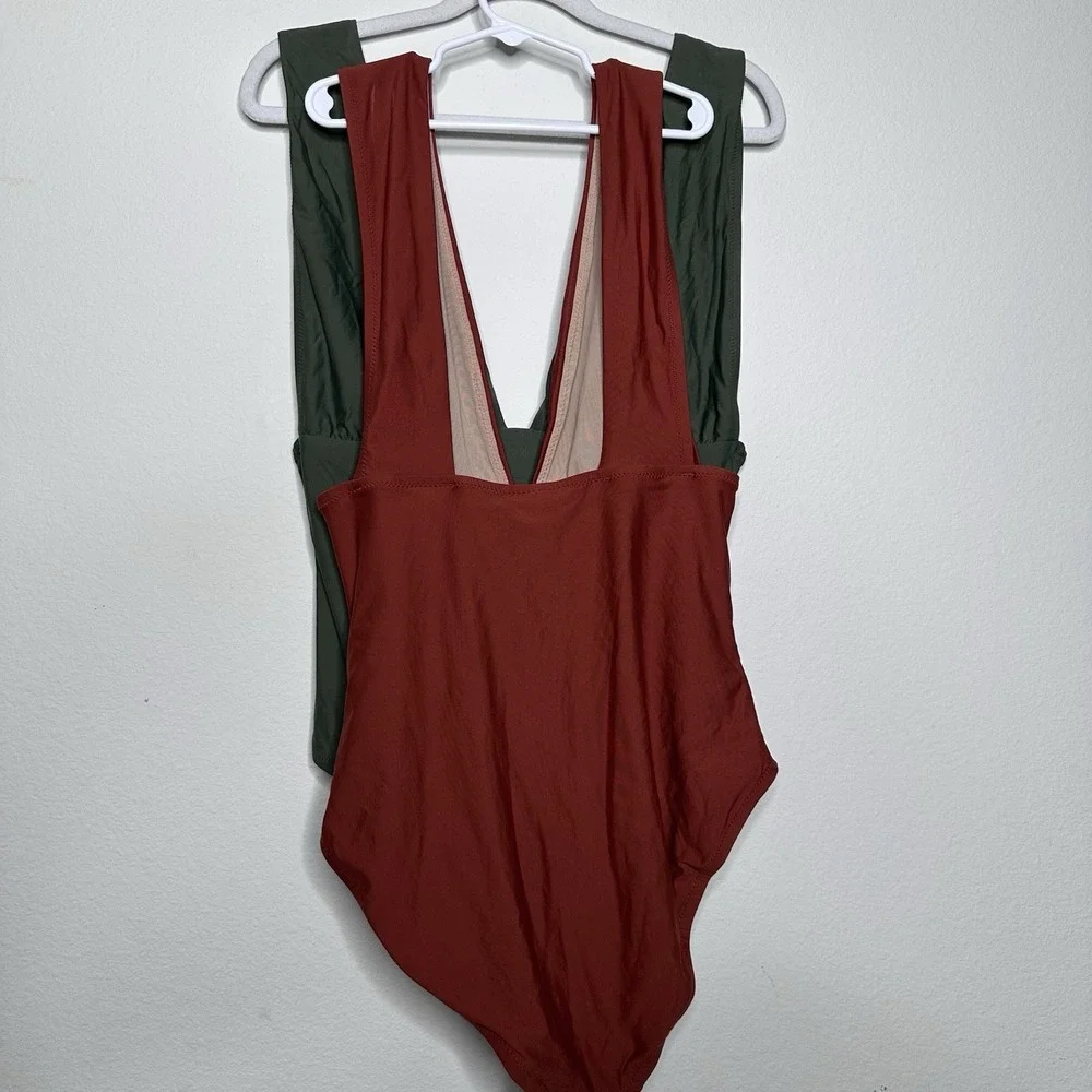 Lot‎ 2 JCrew sz 12 Plunge V-Neck One-Piece Swimsuit G9417 Orange Green Beach